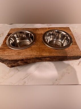 Rustic Wooden Double Pet Bowl Stand with Stainless Steel Bowls - Brown & Silver